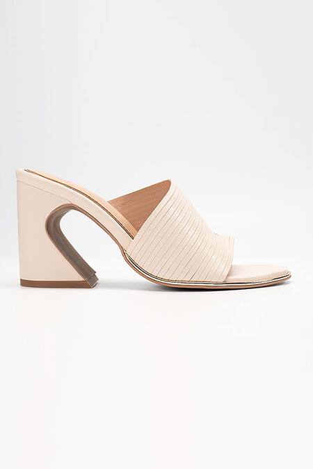 Heel Your Sole Beige Plain Kiko Striped Strap Block Heels Online at Aza Fashions Heel Your Sole_Beige Plain Kiko Striped Strap Block Heels _Online_at_Aza_Fashions