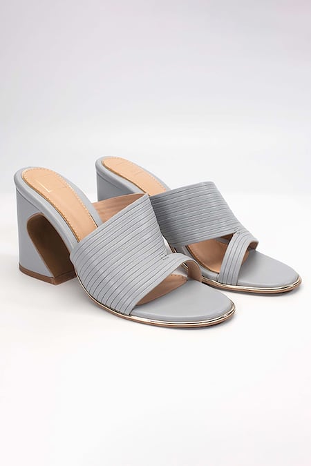 Heel Your Sole Grey Plain Kiko Striped Strap Leather Block Heels 