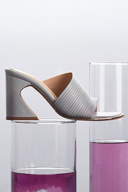 Shop Heel Your Sole Grey Plain Kiko Striped Strap Leather Block Heels at Aza Fashions Shop_Heel Your Sole_Grey Plain Kiko Striped Strap Leather Block Heels _at_Aza_Fashions