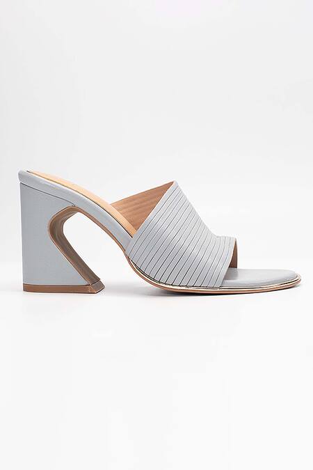 Heel Your Sole Grey Plain Kiko Striped Strap Leather Block Heels Online at Aza Fashions Heel Your Sole_Grey Plain Kiko Striped Strap Leather Block Heels _Online_at_Aza_Fashions