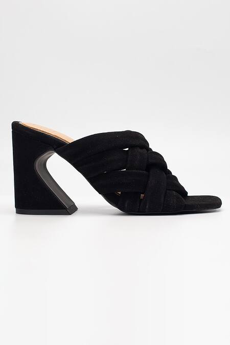 Heel Your Sole_Black Wolly Criss Cross Strap Suede Leather Heels_Online_at_Aza_Fashions