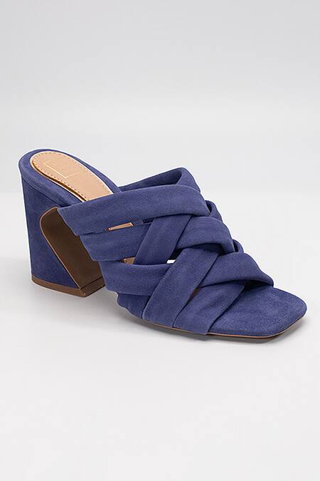 Heel Your Sole_Blue Plain Wolly Criss Cross Strap Suede Leather Black Heels_Online_at_Aza_Fashions