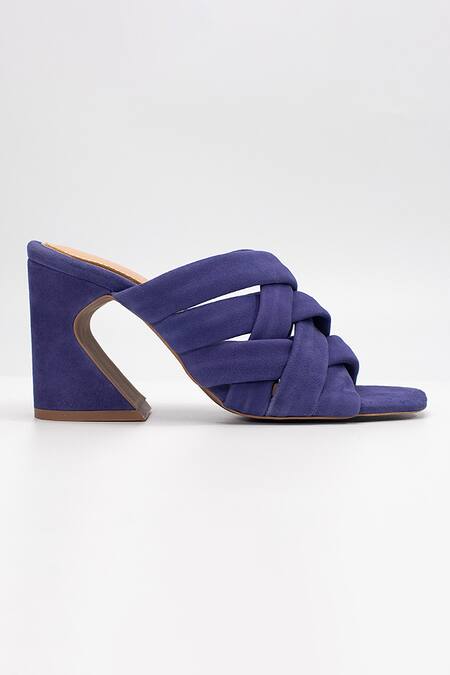 Buy_Heel Your Sole_Blue Plain Wolly Criss Cross Strap Suede Leather Black Heels_Online_at_Aza_Fashions