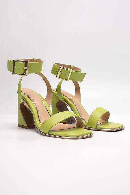 Shop_Heel Your Sole_Green Kitkat Leather Block Heels_at_Aza_Fashions