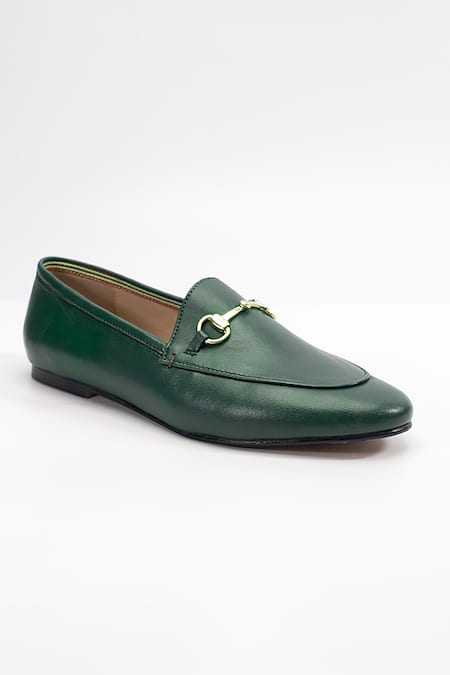 Shop Heel Your Sole Green Koi Buckle Embellished Loafers at Aza Fashions Shop_Heel Your Sole_Green Koi Buckle Embellished Loafers _at_Aza_Fashions
