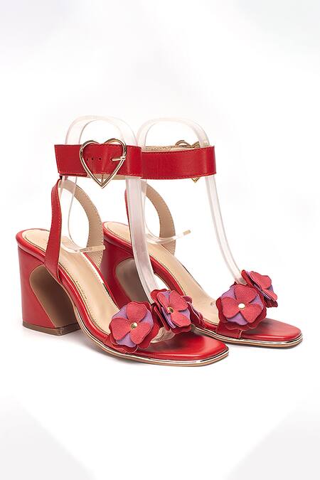 Shop_Heel Your Sole_Red Fabric Flowers Floral Embellished Heels_at_Aza_Fashions