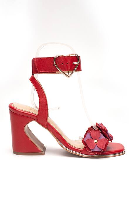 Heel Your Sole_Red Fabric Flowers Floral Embellished Heels_Online_at_Aza_Fashions