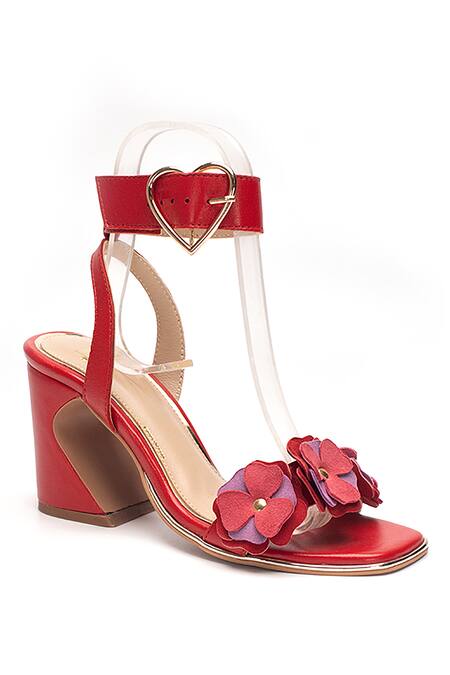 Buy_Heel Your Sole_Red Fabric Flowers Floral Embellished Heels_Online_at_Aza_Fashions
