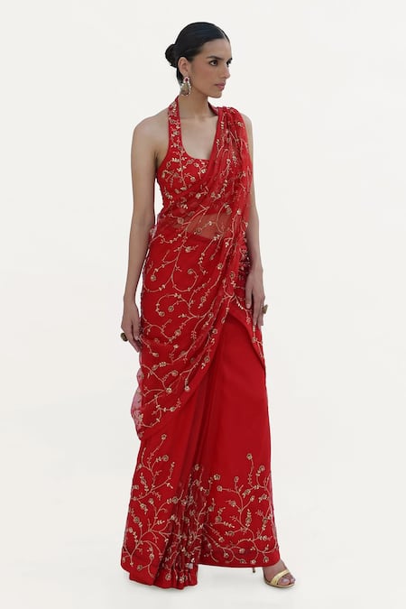 Talking Threads Red Silk Organza Hand Embroidered Floral Jaal Halter Saree With Blouse  