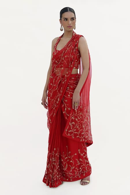 Talking Threads_Red Silk Organza Sequins, Beads, Cut Work Hand Embroidered Saree With Blouse _at_Aza_Fashions