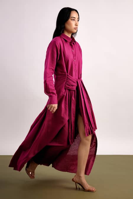 Echostudio_Fuchsia Linen Collared Maxi Dress _Online_at_Aza_Fashions