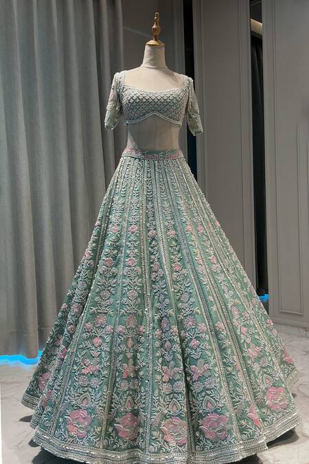 Buy Riantas Green Silk, Net Pearls, Sequins, Jezebel Hand Embroidered Bridal Lehenga Set Online at Aza Fashions Buy_Riantas_Green Silk, Net Pearls, Sequins, Jezebel Hand Embroidered Bridal Lehenga Set _Online_at_Aza_Fashions