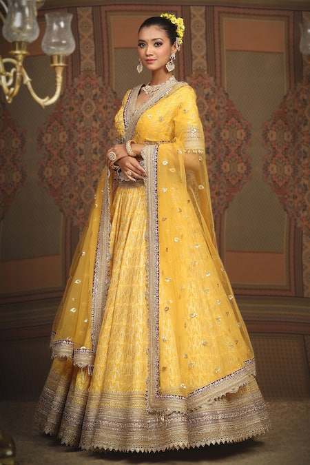 Buy Shikhar Sharma Yellow Blouse Silk Chanderi Embroidered Geometric Pattern Bridal Lehenga Set Online at Aza Fashions Buy_Shikhar Sharma_Yellow Blouse Silk Chanderi Embroidered Geometric Pattern Bridal Lehenga Set _Online_at_Aza_Fashions