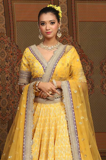 Shop Shikhar Sharma Yellow Blouse Silk Chanderi Embroidered Geometric Pattern Bridal Lehenga Set Online at Aza Fashions Shop_Shikhar Sharma_Yellow Blouse Silk Chanderi Embroidered Geometric Pattern Bridal Lehenga Set _Online_at_Aza_Fashions