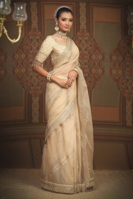 Shikhar Sharma_Ivory Saree Silk Organza Embroidered Gota Round Leheriya Work With Blouse _Online_at_Aza_Fashions