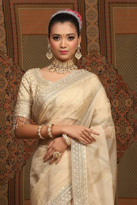 Buy_Shikhar Sharma_Ivory Saree Silk Organza Embroidered Gota Round Leheriya Work With Blouse _Online_at_Aza_Fashions