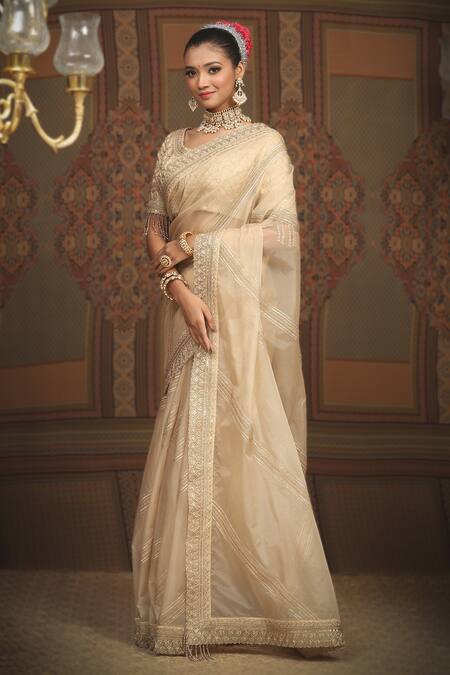 Shikhar Sharma_Ivory Saree Silk Organza Embroidered Gota Round Leheriya Work With Blouse _at_Aza_Fashions