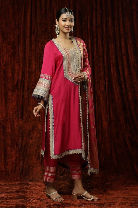 Buy_Shikhar Sharma_Pink Kurta And Pant Silk Chanderi Embroidered Pearl Leaf Straight Set _Online_at_Aza_Fashions