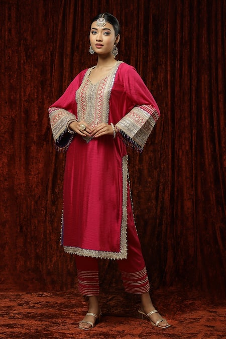 Shop_Shikhar Sharma_Pink Kurta And Pant Silk Chanderi Embroidered Pearl Leaf Straight Set _Online_at_Aza_Fashions