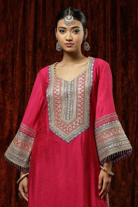 Shikhar Sharma_Pink Kurta And Pant Silk Chanderi Embroidered Pearl Leaf Straight Set _at_Aza_Fashions