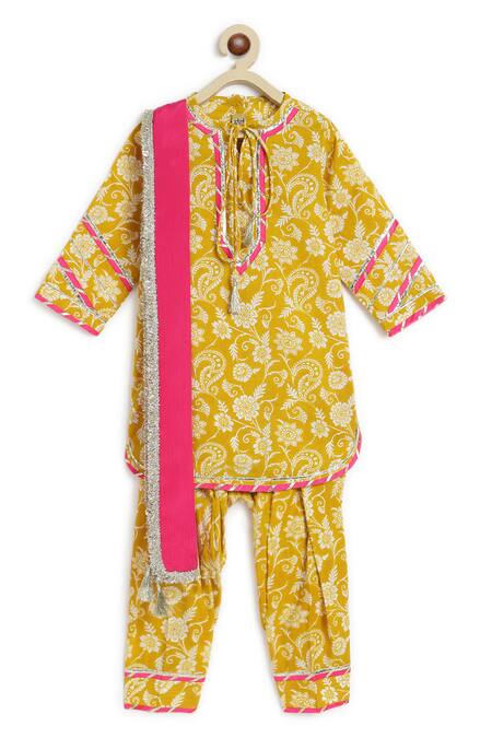 Tiber Taber_Yellow Cotton Lace, Tassels, Embroidery Floral Swirl Print Kurta Salwar Set_Online_at_Aza_Fashions