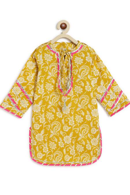 Buy_Tiber Taber_Yellow Cotton Lace, Tassels, Embroidery Floral Swirl Print Kurta Salwar Set_Online_at_Aza_Fashions