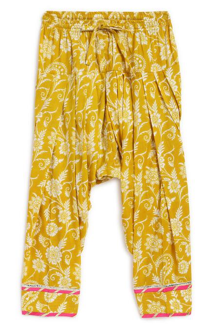 Shop_Tiber Taber_Yellow Cotton Lace, Tassels, Embroidery Floral Swirl Print Kurta Salwar Set_Online_at_Aza_Fashions