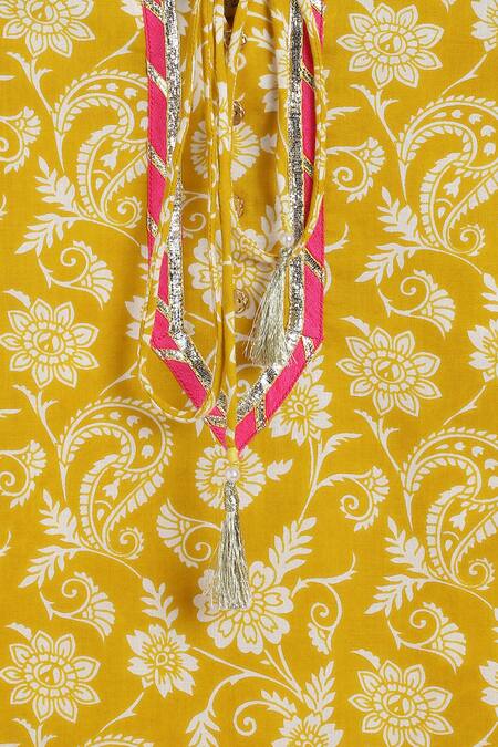 Tiber Taber_Yellow Cotton Lace, Tassels, Embroidery Floral Swirl Print Kurta Salwar Set_at_Aza_Fashions