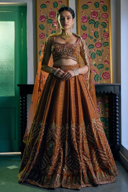 Irrau by Samir Mantri Orange Net Embroidery Sequin Square Neck Floral Lehenga Set 