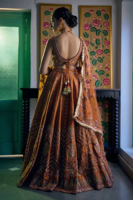 Shop_Irrau By Samir Mantri_Orange Net Sequins, Beads, Cut Work, Embroidery Square Neck Floral Lehenga Set _at_Aza_Fashions