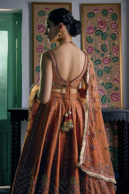 Irrau By Samir Mantri_Orange Net Sequins, Beads, Cut Work, Embroidery Square Neck Floral Lehenga Set _Online_at_Aza_Fashions