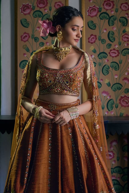 Buy_Irrau By Samir Mantri_Orange Net Sequins, Beads, Cut Work, Embroidery Square Neck Floral Lehenga Set _Online_at_Aza_Fashions