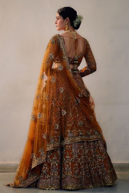 Shop_Irrau By Samir Mantri_Orange Net Sequins, Cut Work, Beads V-neck Chevron Embroidered Lehenga Set _at_Aza_Fashions