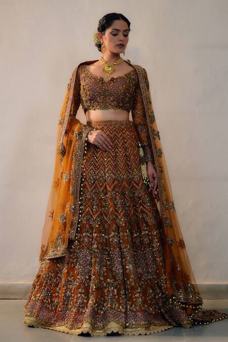 Irrau By Samir Mantri_Orange Net Sequins, Cut Work, Beads V-neck Chevron Embroidered Lehenga Set _Online_at_Aza_Fashions