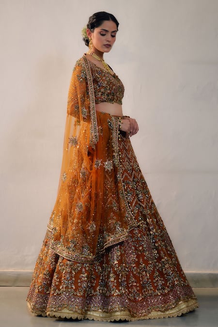 Buy_Irrau By Samir Mantri_Orange Net Sequins, Cut Work, Beads V-neck Chevron Embroidered Lehenga Set _Online_at_Aza_Fashions