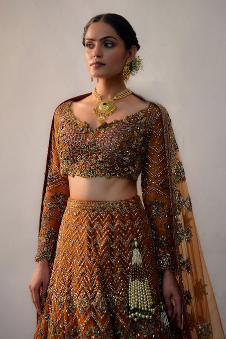 Shop_Irrau By Samir Mantri_Orange Net Sequins, Cut Work, Beads V-neck Chevron Embroidered Lehenga Set _Online_at_Aza_Fashions