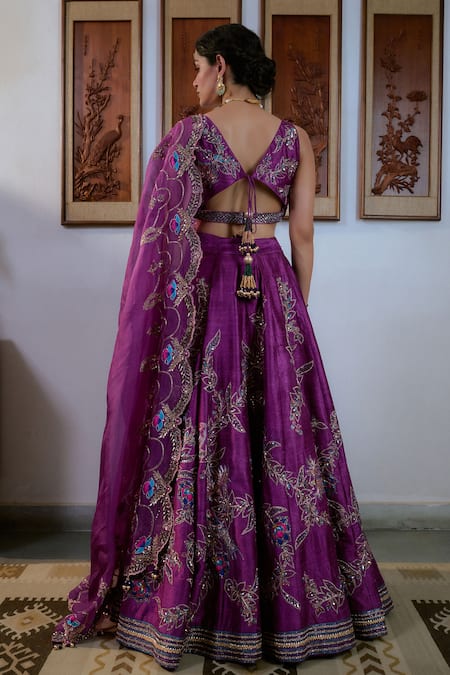 Shop_Irrau By Samir Mantri_Purple , Organza Cut Work, Sequins, Raw Floral Embroidered Lehenga Set _at_Aza_Fashions