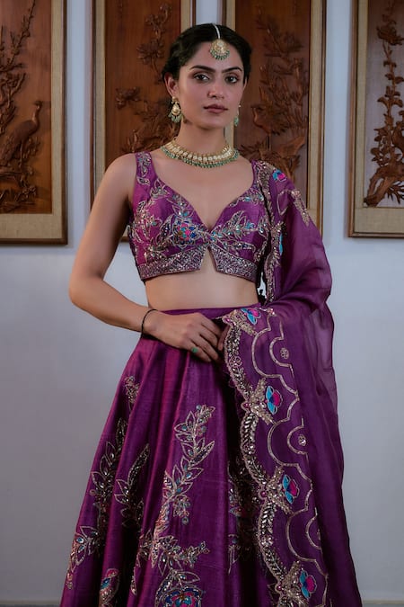 Irrau By Samir Mantri_Purple , Organza Cut Work, Sequins, Raw Floral Embroidered Lehenga Set _Online_at_Aza_Fashions