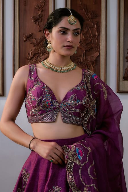 Buy_Irrau By Samir Mantri_Purple , Organza Cut Work, Sequins, Raw Floral Embroidered Lehenga Set _Online_at_Aza_Fashions