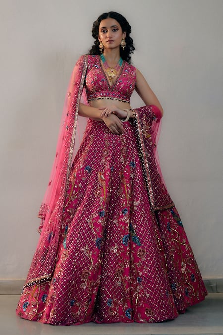 Irrau by Samir Mantri Net Checkered Embroidered Lehenga Set 