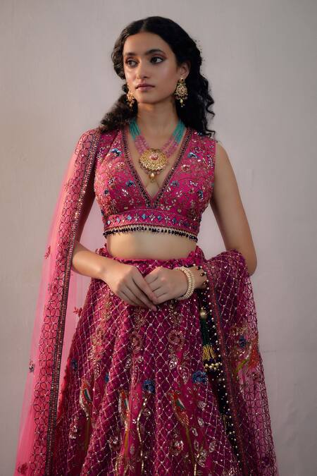 Irrau By Samir Mantri Fuchsia Net Beads, Sequins, Cut Work Plunge Checkered Embroidered Lehenga Set Online at Aza Fashions Irrau By Samir Mantri_Fuchsia Net Beads, Sequins, Cut Work Plunge Checkered Embroidered Lehenga Set _Online_at_Aza_Fashions