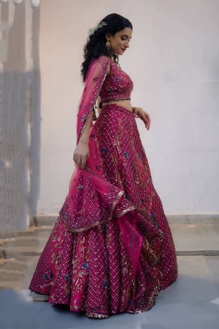 Buy Irrau By Samir Mantri Fuchsia Net Beads, Sequins, Cut Work Plunge Checkered Embroidered Lehenga Set Online at Aza Fashions Buy_Irrau By Samir Mantri_Fuchsia Net Beads, Sequins, Cut Work Plunge Checkered Embroidered Lehenga Set _Online_at_Aza_Fashions