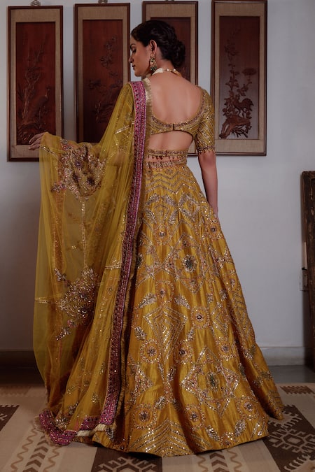 Shop_Irrau By Samir Mantri_Yellow Silk, Net Beads, Fringe, Raw Floral Embroidered Lehenga Blouse Set _at_Aza_Fashions