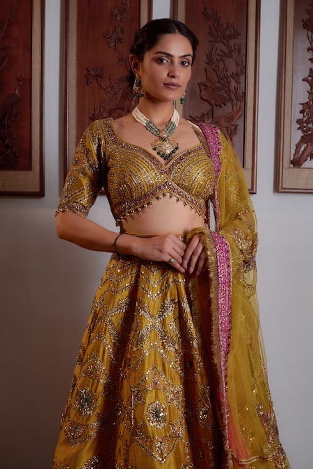 Irrau By Samir Mantri_Yellow Silk, Net Beads, Fringe, Raw Floral Embroidered Lehenga Blouse Set _Online_at_Aza_Fashions