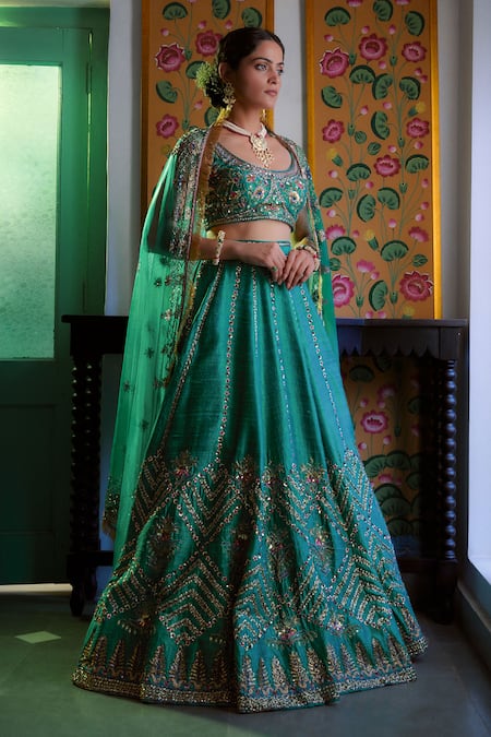 Irrau by Samir Mantri Raw Silk Geometric Embroidered Lehenga Set 