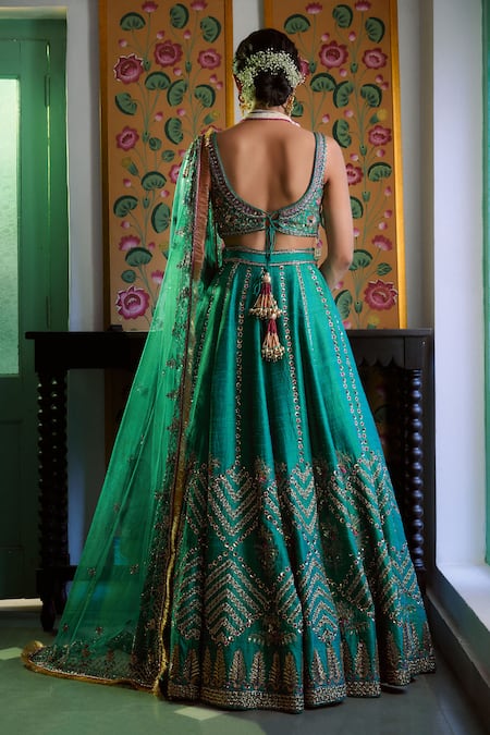 Irrau By Samir Mantri Green Silk, Net Sequins, Beads, Cut Work Round Teal Embroidered Lehenga Set Online at Aza Fashions Irrau By Samir Mantri_Green Silk, Net Sequins, Beads, Cut Work Round Teal Embroidered Lehenga Set _Online_at_Aza_Fashions