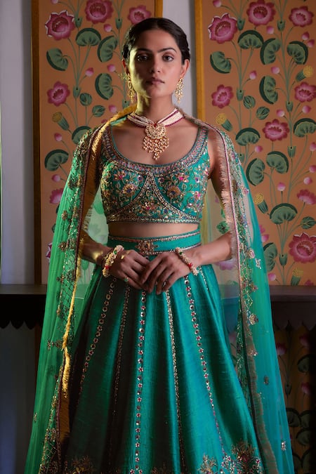 Buy Irrau By Samir Mantri Green Silk, Net Sequins, Beads, Cut Work Round Teal Embroidered Lehenga Set Online at Aza Fashions Buy_Irrau By Samir Mantri_Green Silk, Net Sequins, Beads, Cut Work Round Teal Embroidered Lehenga Set _Online_at_Aza_Fashions