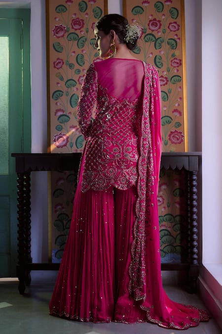 Shop_Irrau By Samir Mantri_Fuchsia Net, Georgette Sequins, Beads, Cut Floral Embroidered Kurta Gharara Set _at_Aza_Fashions