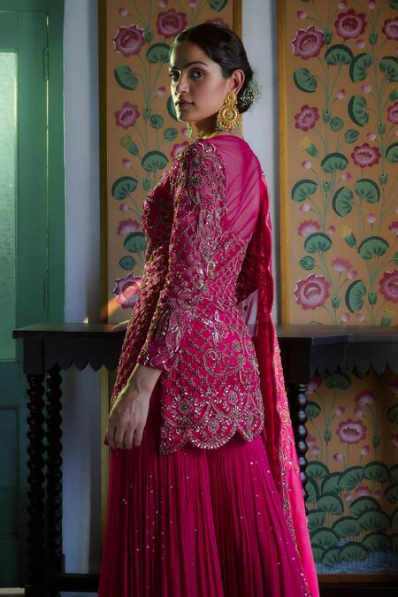 Irrau By Samir Mantri_Fuchsia Net, Georgette Sequins, Beads, Cut Floral Embroidered Kurta Gharara Set _Online_at_Aza_Fashions