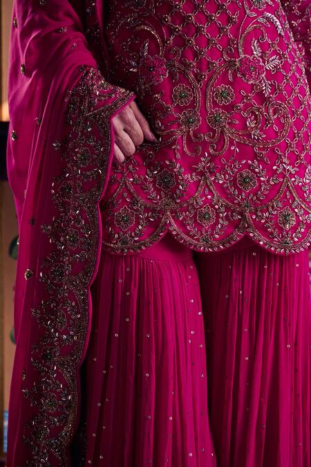 Buy_Irrau By Samir Mantri_Fuchsia Net, Georgette Sequins, Beads, Cut Floral Embroidered Kurta Gharara Set _Online_at_Aza_Fashions